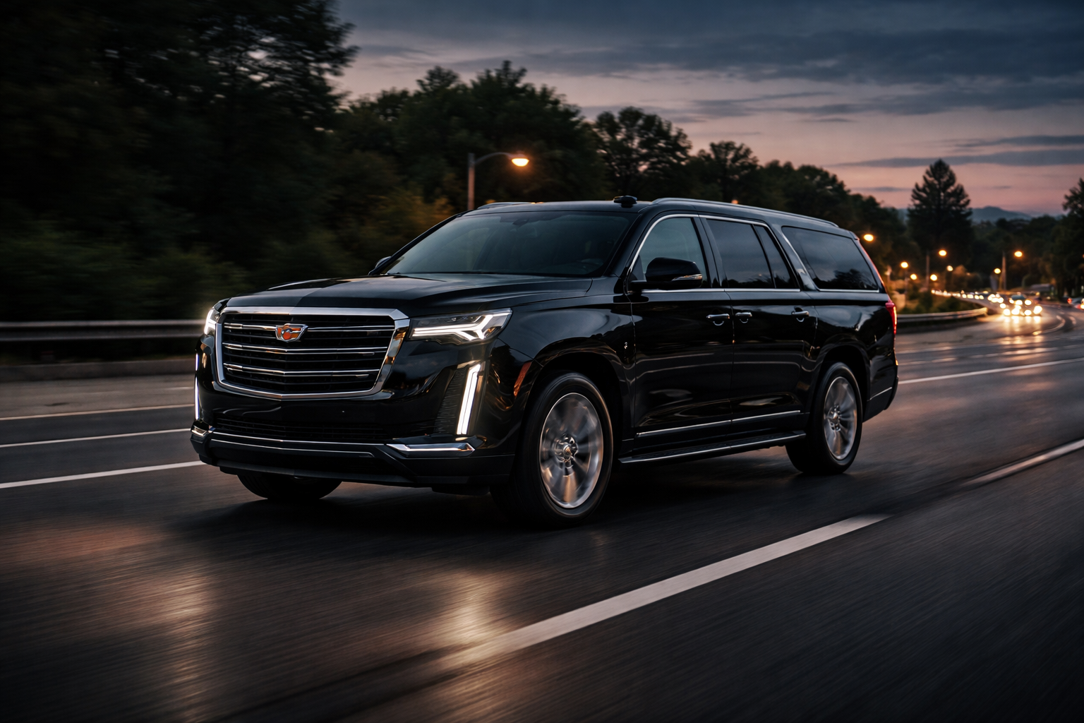 Luxury black SUV driving to O'Hare airport Illinois highway